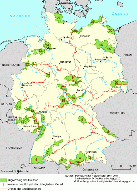 Deutschlandkarte der Hotspots biologischer Vielfalt (Quelle: BfN)